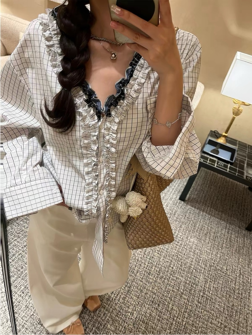 White Grid Ruffle V-Neck Blouse with Contrast Trim